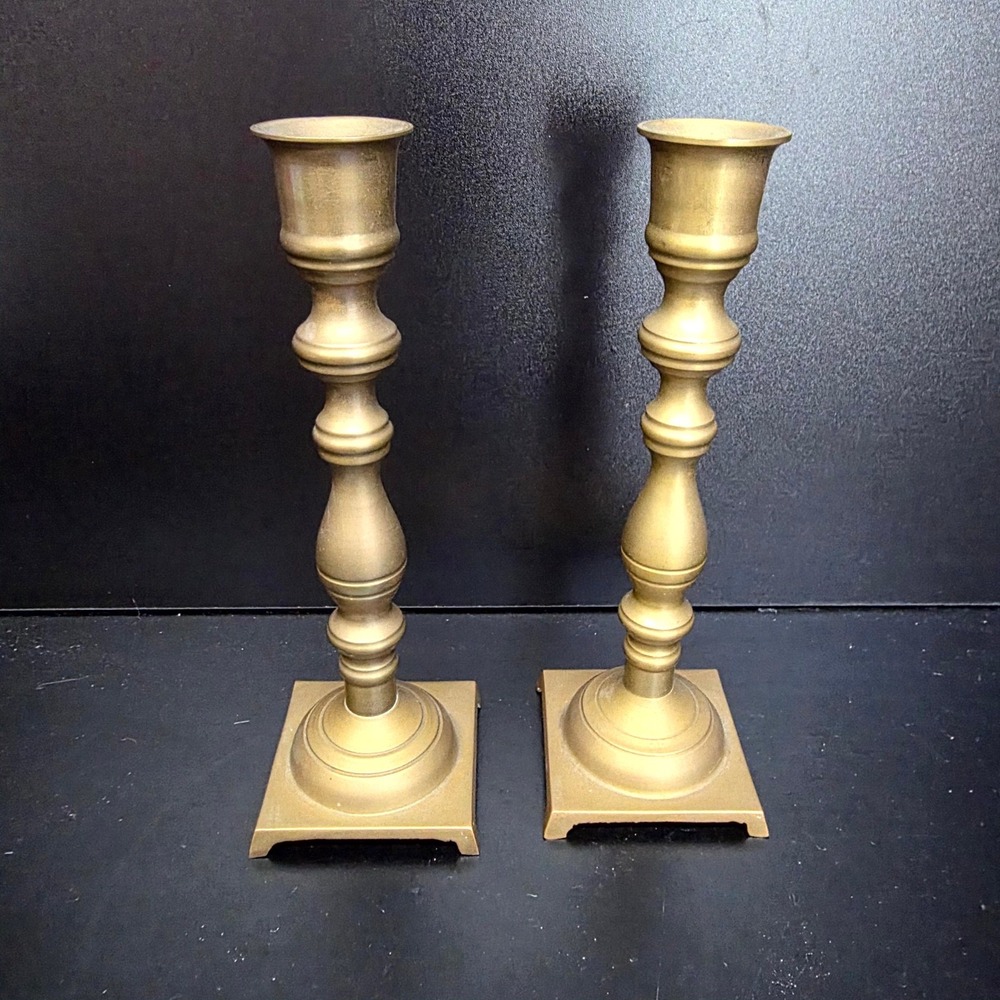 Candlestick Holders 7" Gold Brass Taper Pair Vintage Style Square Base 8451